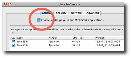 Circled the "Enable applet plug-in and Web Start applications" checkbox